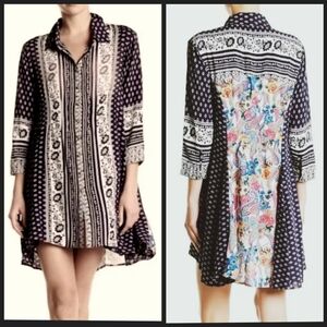 Anthropology Cyrena‎ Button Dress Tunic Floral Contrast Mixed Pattern Medium